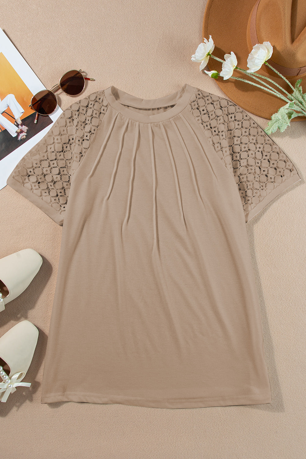 Pale Khaki Seamed Detail Contrast Lace Raglan Sleeve Tee