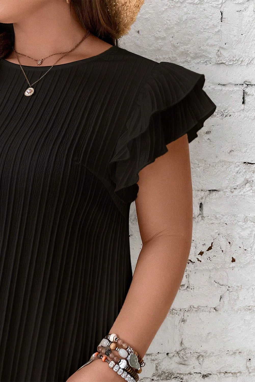 Black Ruffled Sleeve Rib Textured Plus Size Shift Dress