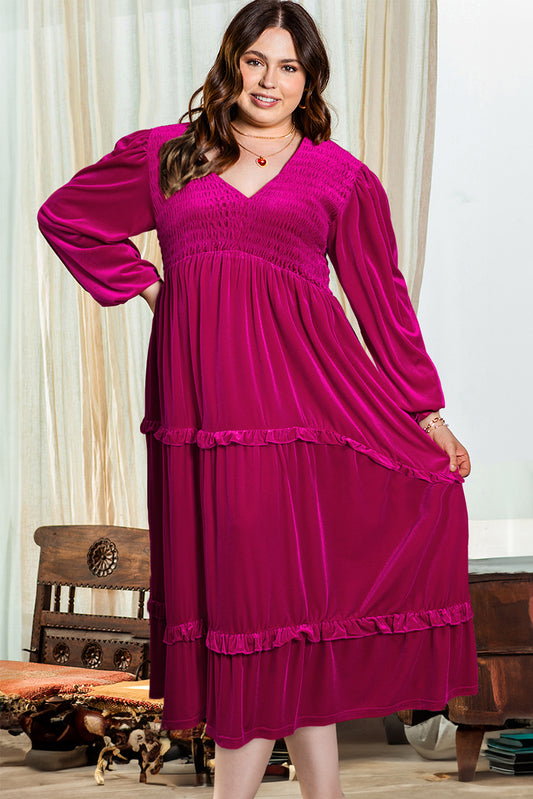 Rose Red Shirred V Neck Tiered Ruffled Velvet Plus Size Maxi Dress