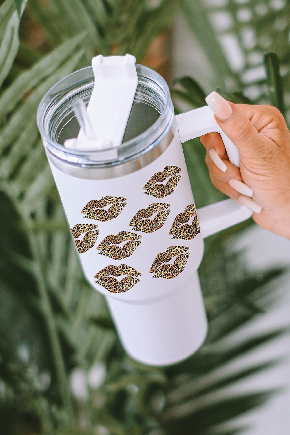 White Valentine Leopard Lips Print Thermos Cup with Straw 40oz