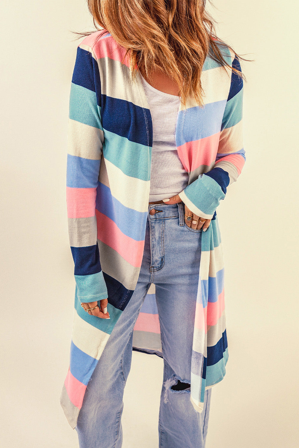 Multicolor Print Colorblock Long Cardigan