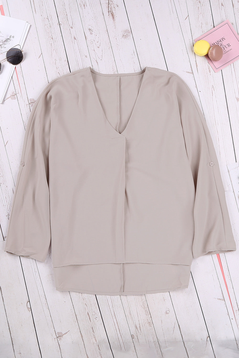 Apricot V Neck 3/4 Sleeve High Low Hem Shirt