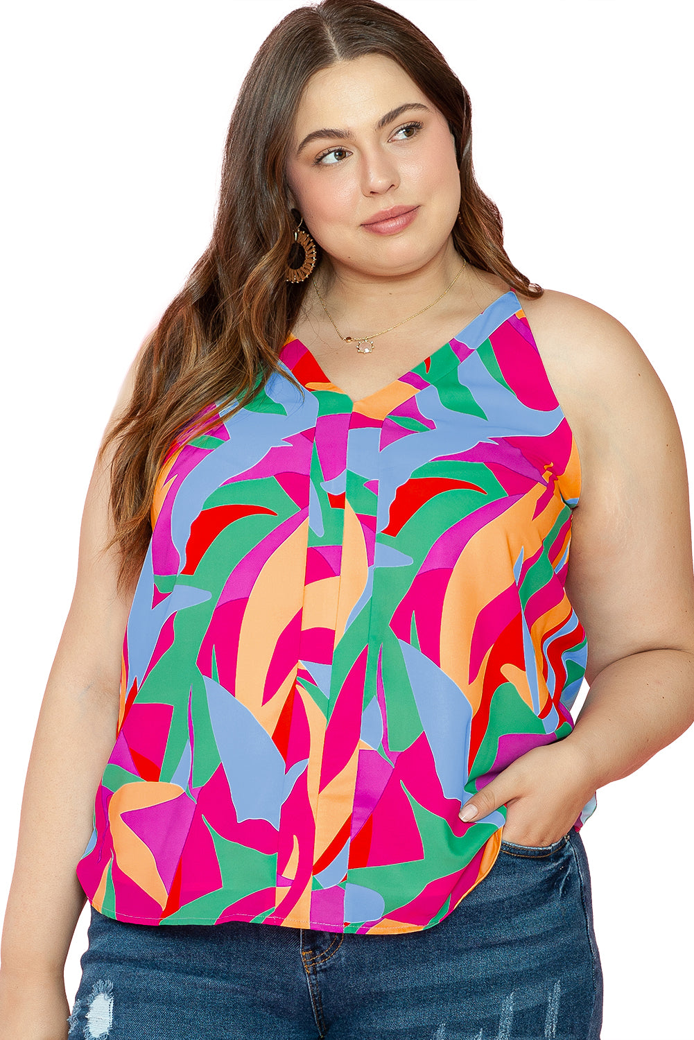 Multicolour Plus Size Abstract Print V Neck Racerback Tank Top