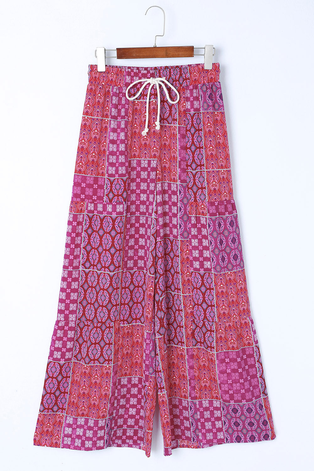 Multicolor Boho Patchwork Print Drawstring Wide Leg Pants