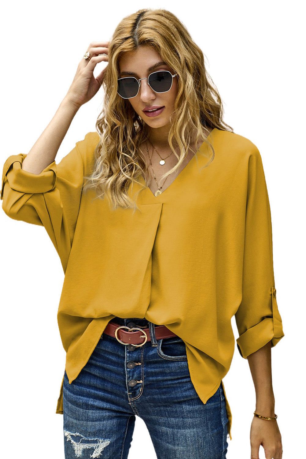 Apricot V Neck 3/4 Sleeve High Low Hem Shirt