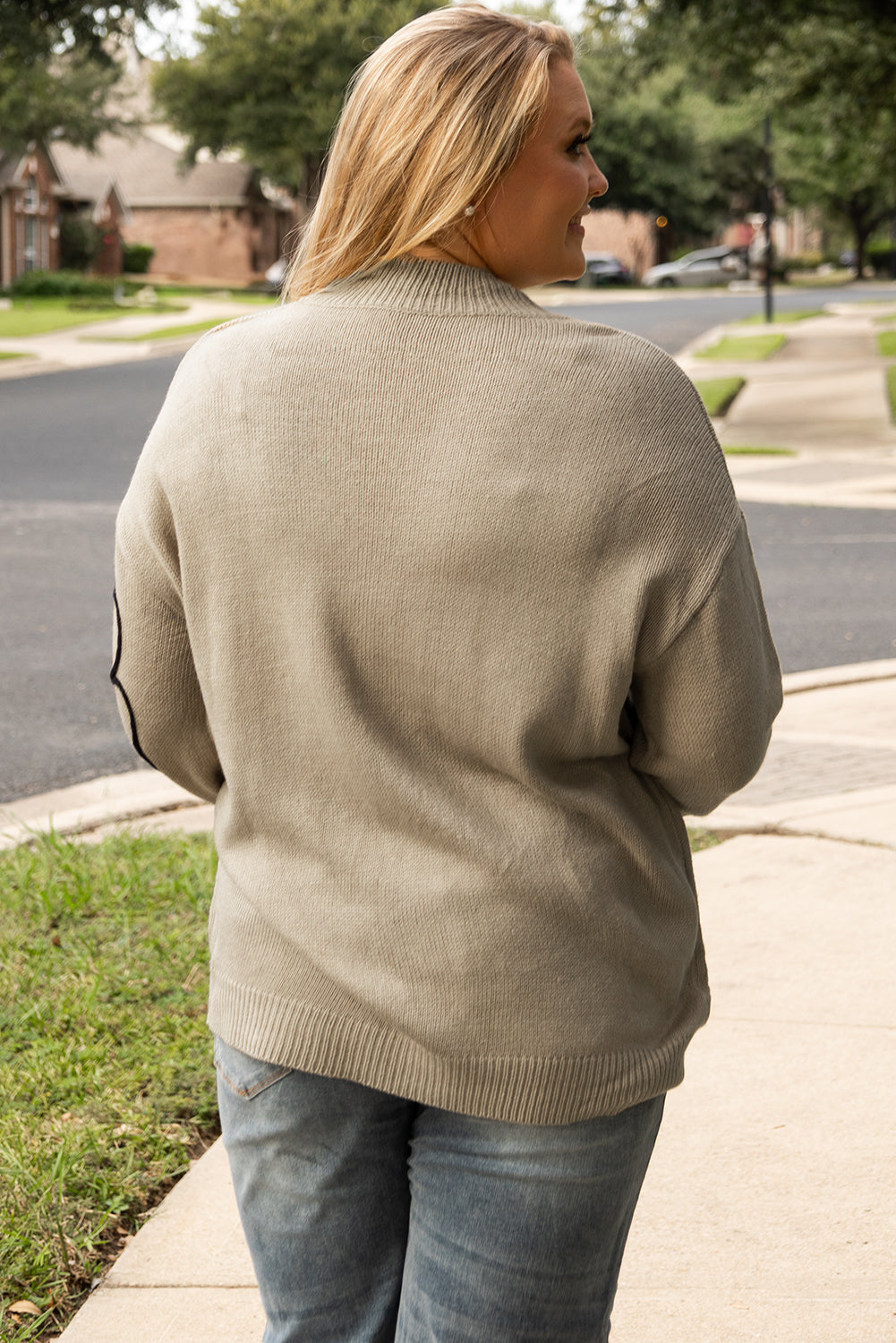 Dark Khaki Plus Size Big Flower Pattern High Neck Drop Shoulder Sweater