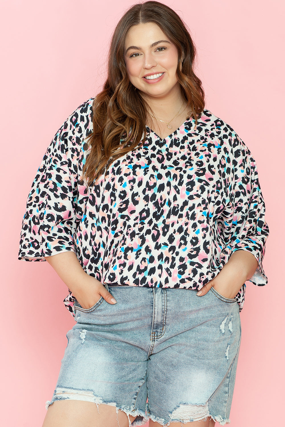 Brown Leopard Print V Neck Batwing Sleeve Plus Size Top