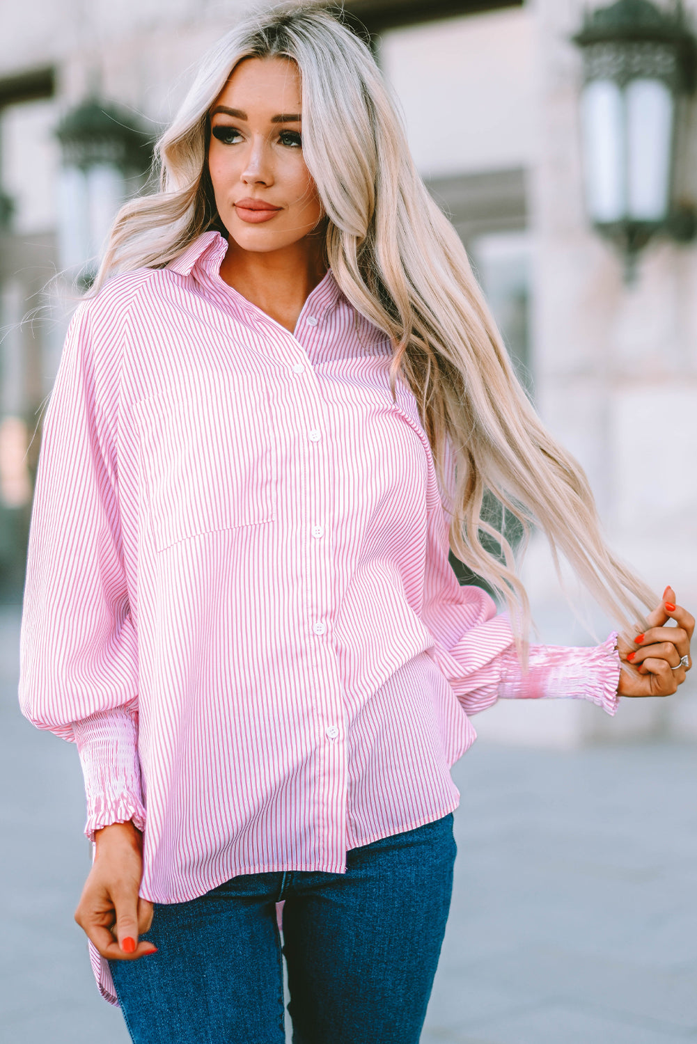 Sky Blue Smocked Cuffed Striped Boyfriend Shirt with Pocket