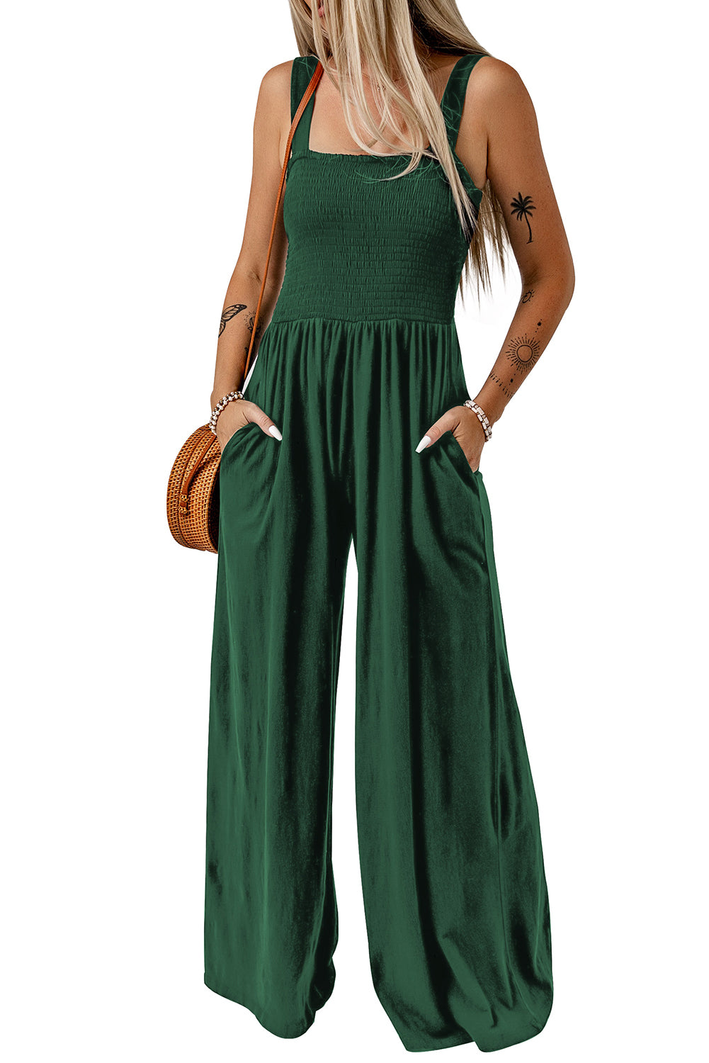 Black Smocked Sleeveless Wide Leg Jumpsuit with Pockets