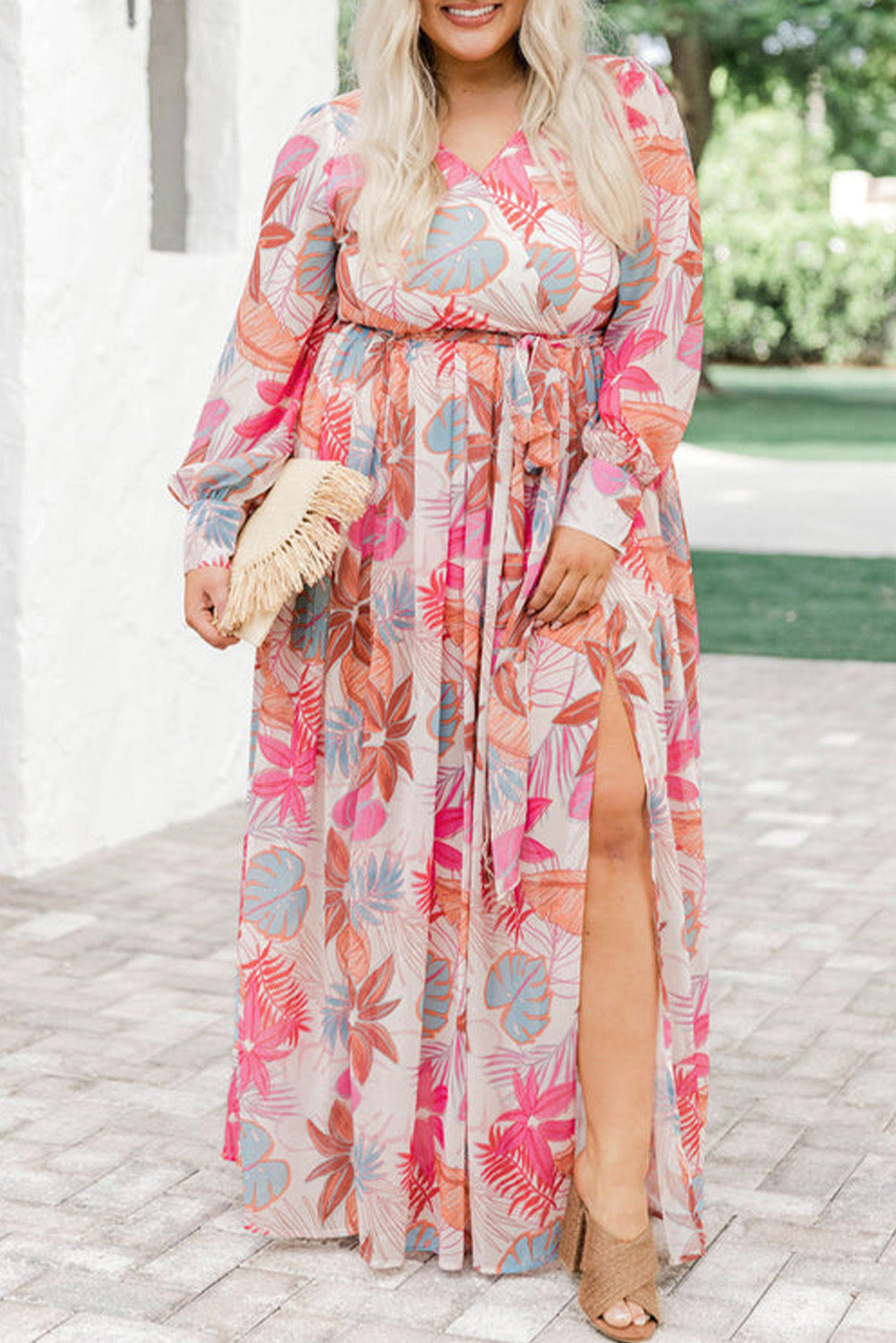 Multicolor Tropical Palm Print Tie High Waist Plus Size Maxi Dress