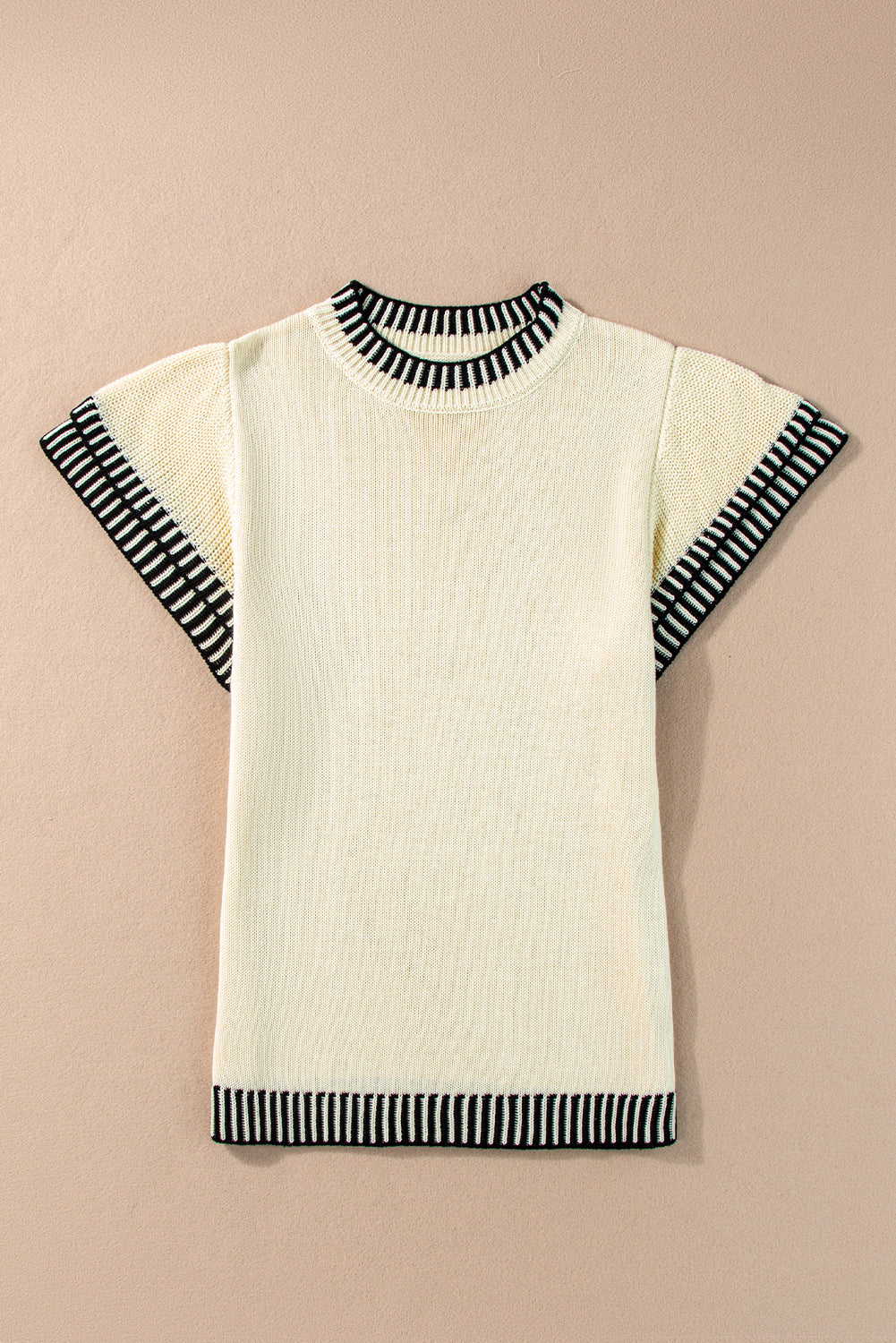 Beige Contrast Trim Round Neck Batwing Sleeve Knitted Top