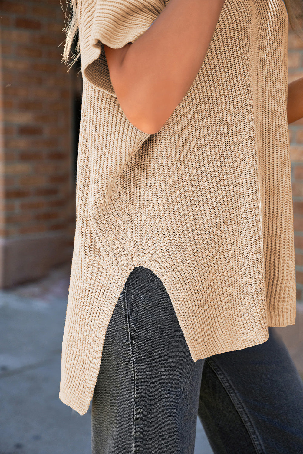 Apricot Short Sleeve Side Slit Oversized Sweater