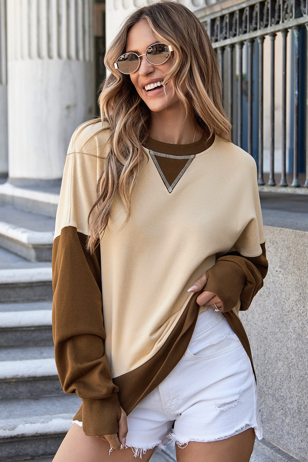 Yellow Color Block Thumbhole Sleeve Drop Shoulder Sweatshirt