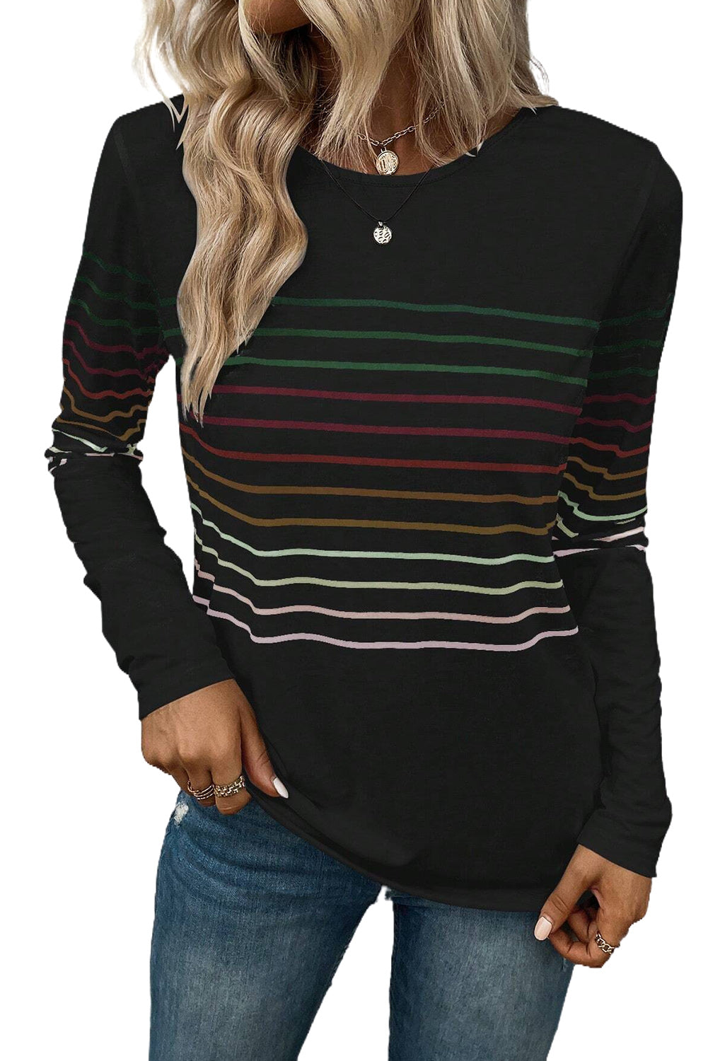 Multicolor Striped Crew Neck Long Sleeve Top