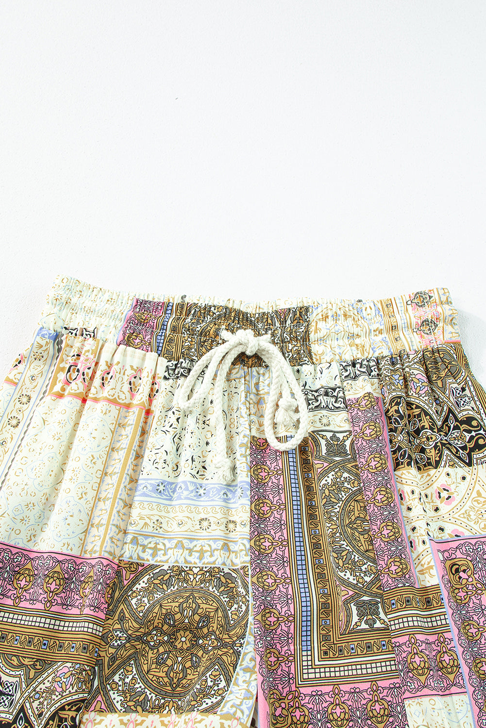 Multicolor Boho Patchwork Print Drawstring Wide Leg Pants