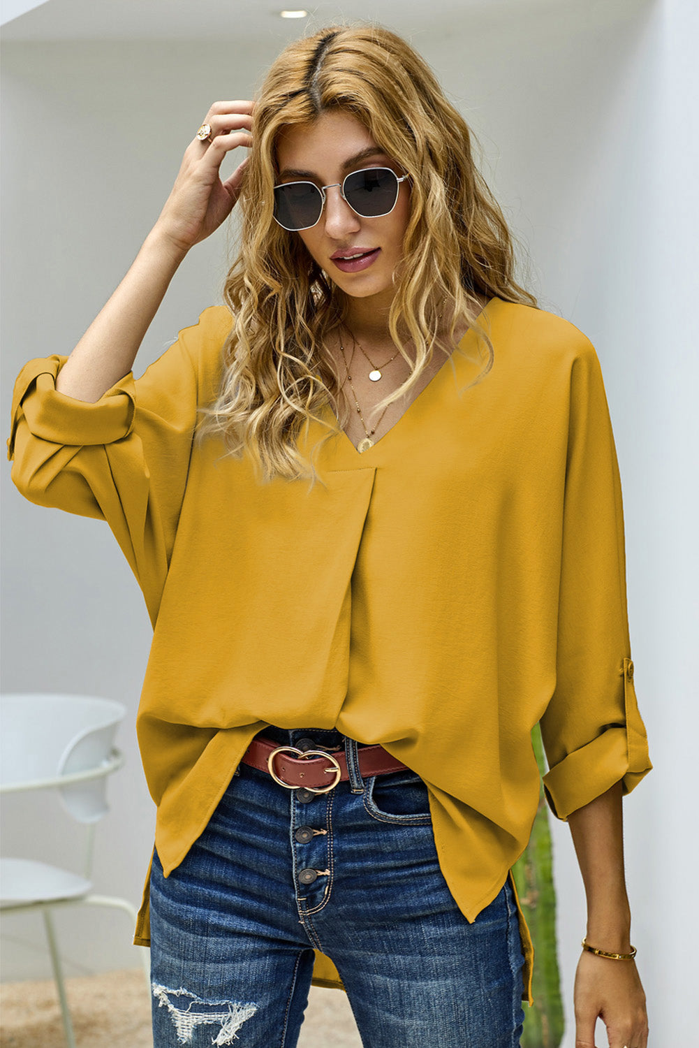 Apricot V Neck 3/4 Sleeve High Low Hem Shirt