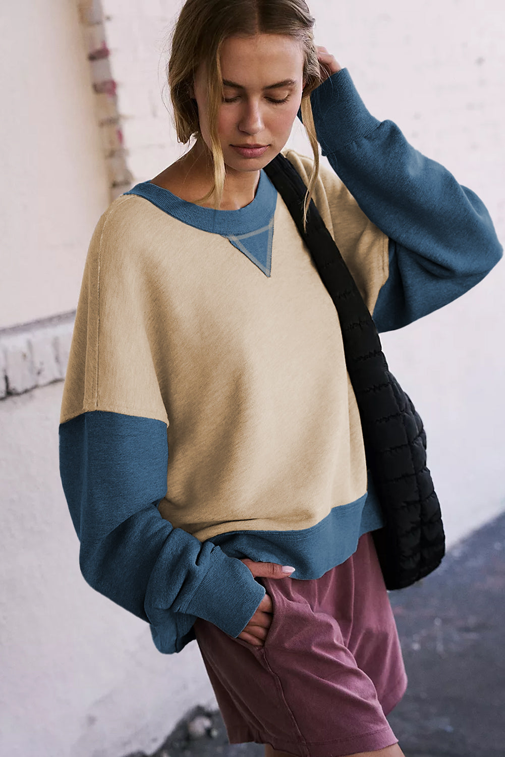 Yellow Color Block Thumbhole Sleeve Drop Shoulder Sweatshirt