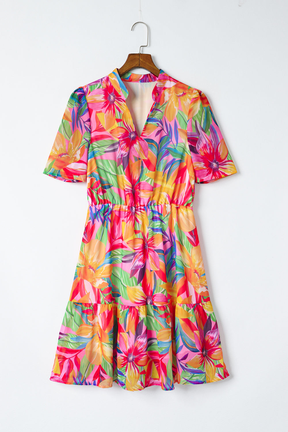 Multicolor Summer Floral Print V Neck Short Sleeve Dress