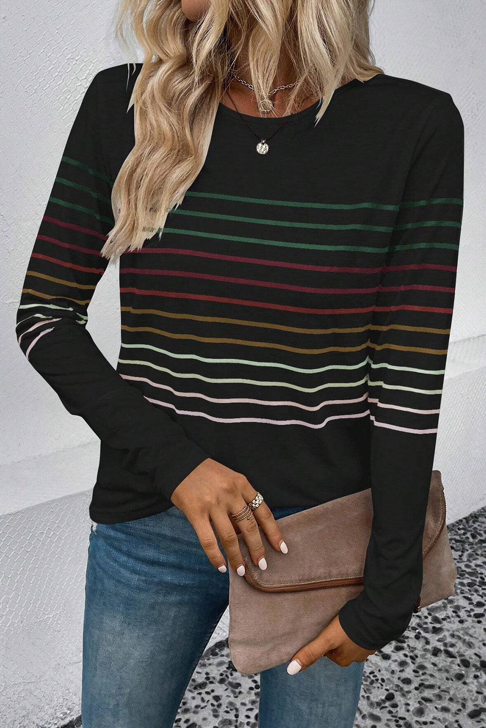 Multicolor Striped Crew Neck Long Sleeve Top