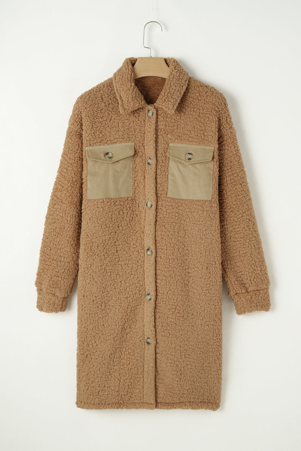 Beige Contrast Flap Pocket Single Breasted Teddy Coat