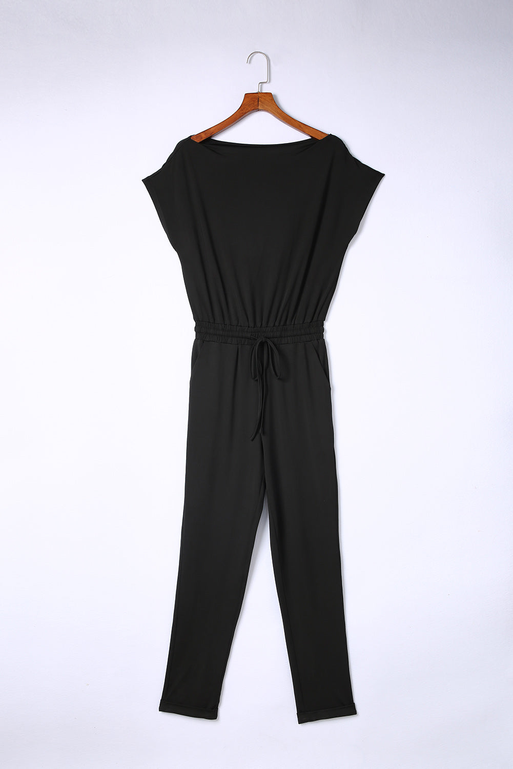 Black Tie Waist Short Sleeve Tapered Jumpsuit