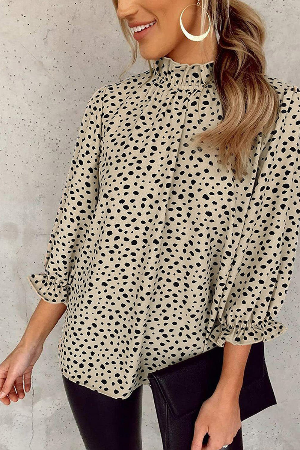 Brown Frilled Neck 3/4 Sleeves Cheetah Blouse