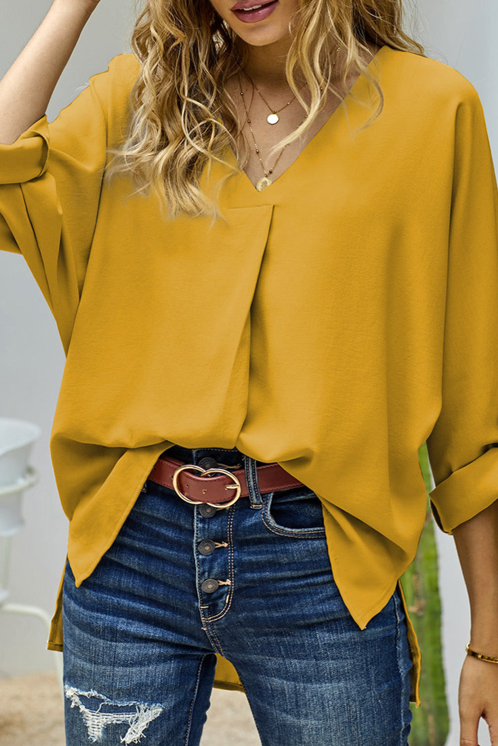 Apricot V Neck 3/4 Sleeve High Low Hem Shirt