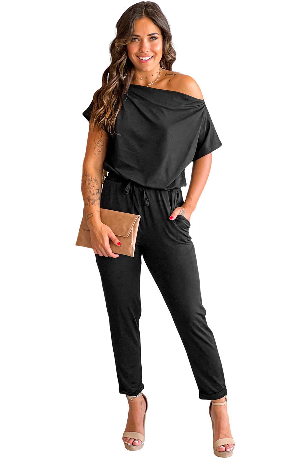 Black Tie Waist Short Sleeve Tapered Jumpsuit