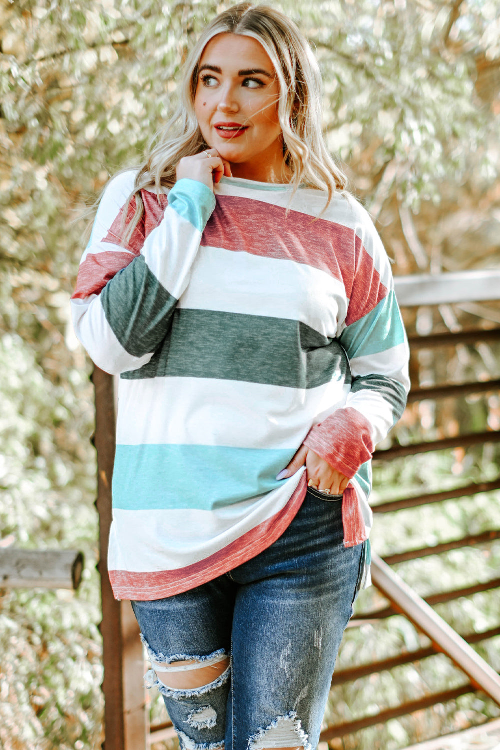 Pink Stripe Plus Size Colorblock Pullover Top