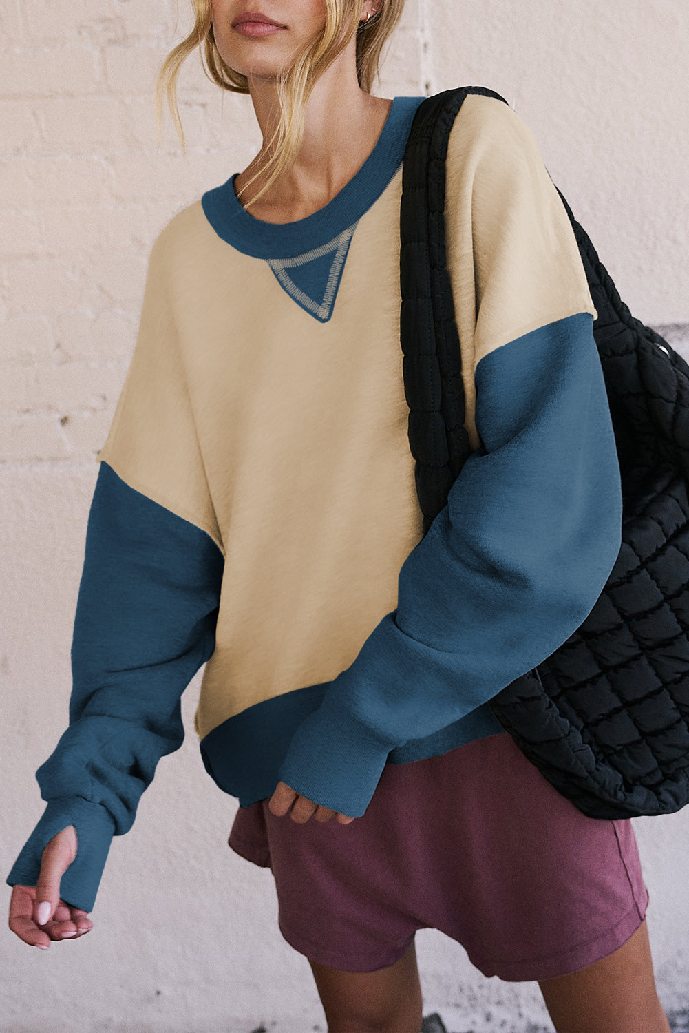 Yellow Color Block Thumbhole Sleeve Drop Shoulder Sweatshirt