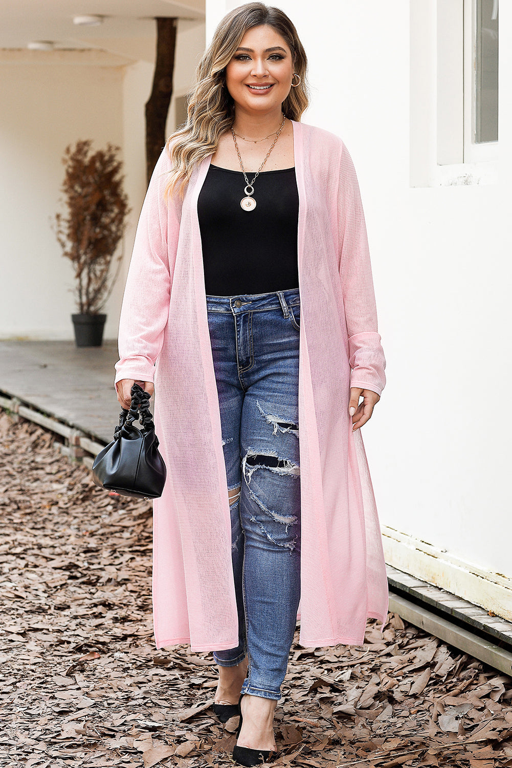 Pink Sheer Knitted Long Side Slit Plus Size Cardigan