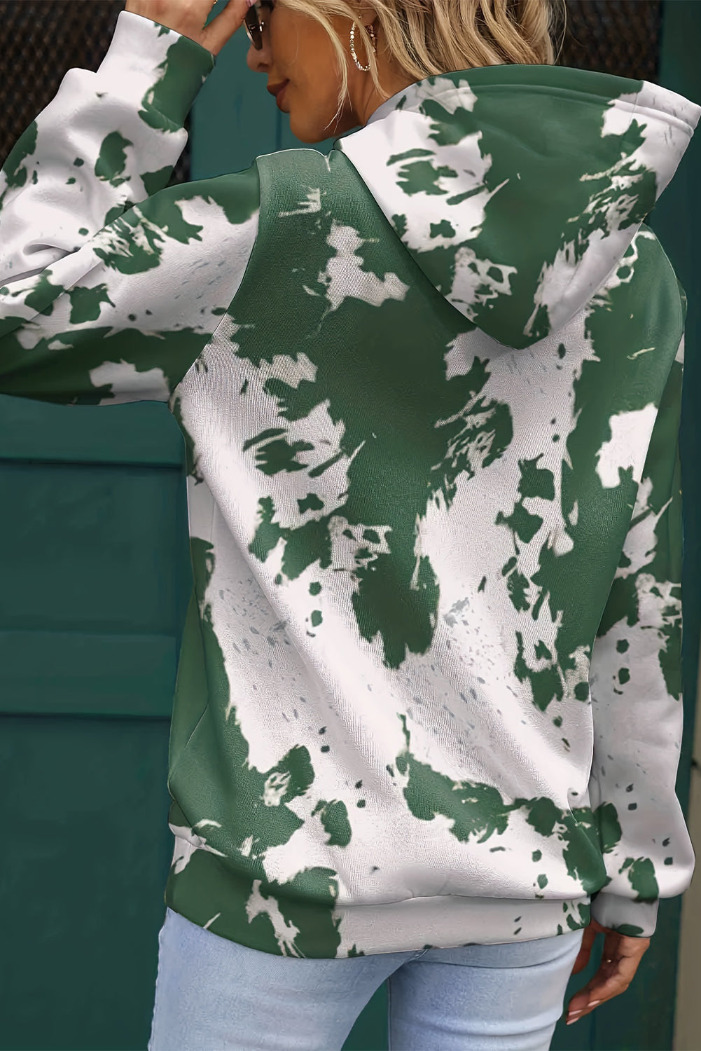 Green Tie Dye Print Kangaroo Pocket Loose Hoodie