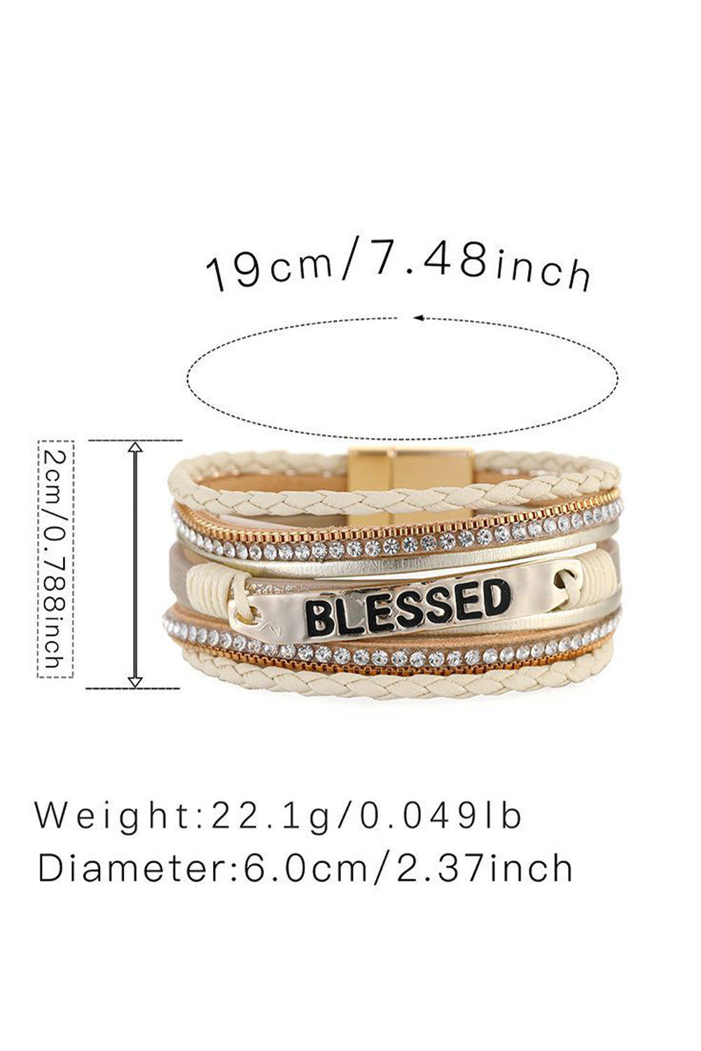 Beige BLESSED Rhinestone Braided Detail Buckle Bracelet