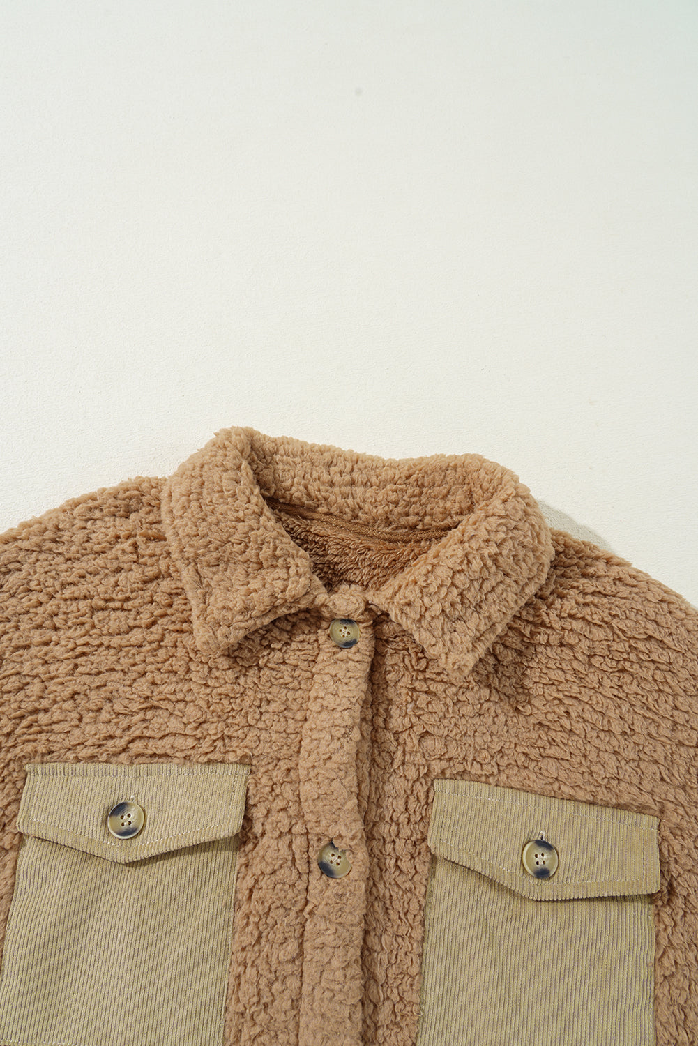 Beige Contrast Flap Pocket Single Breasted Teddy Coat