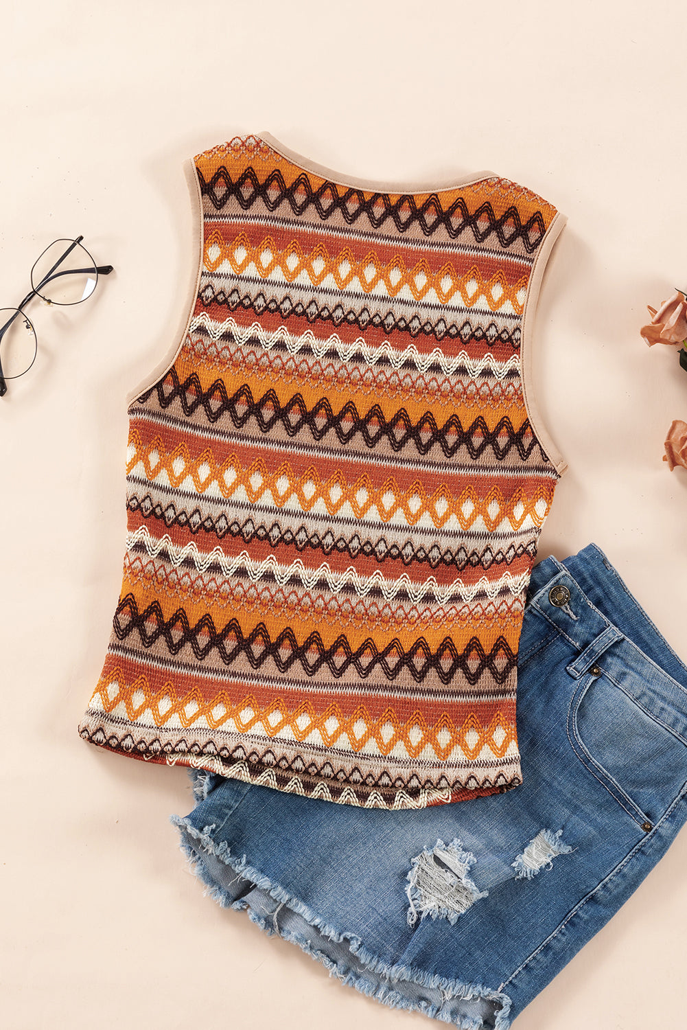 Orange Striped & Geo Jacquard Knit Tank Top