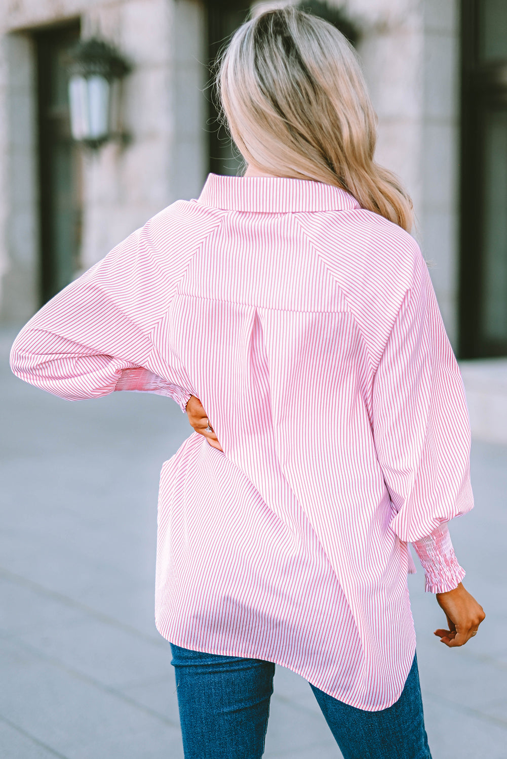 Sky Blue Smocked Cuffed Striped Boyfriend Shirt with Pocket