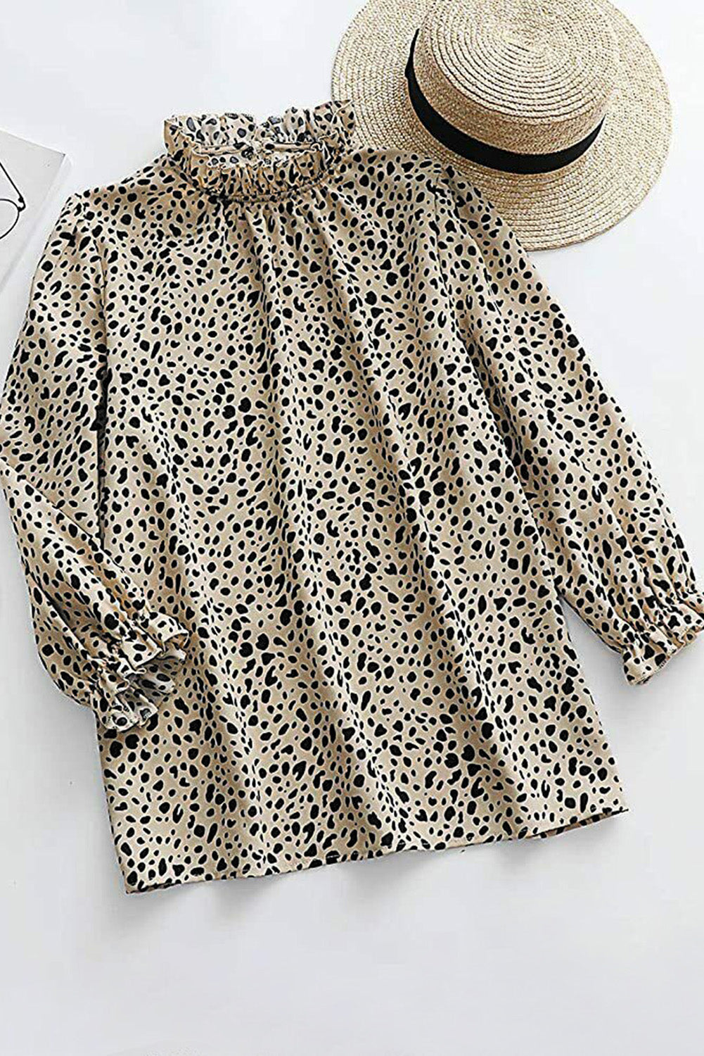 Brown Frilled Neck 3/4 Sleeves Cheetah Blouse