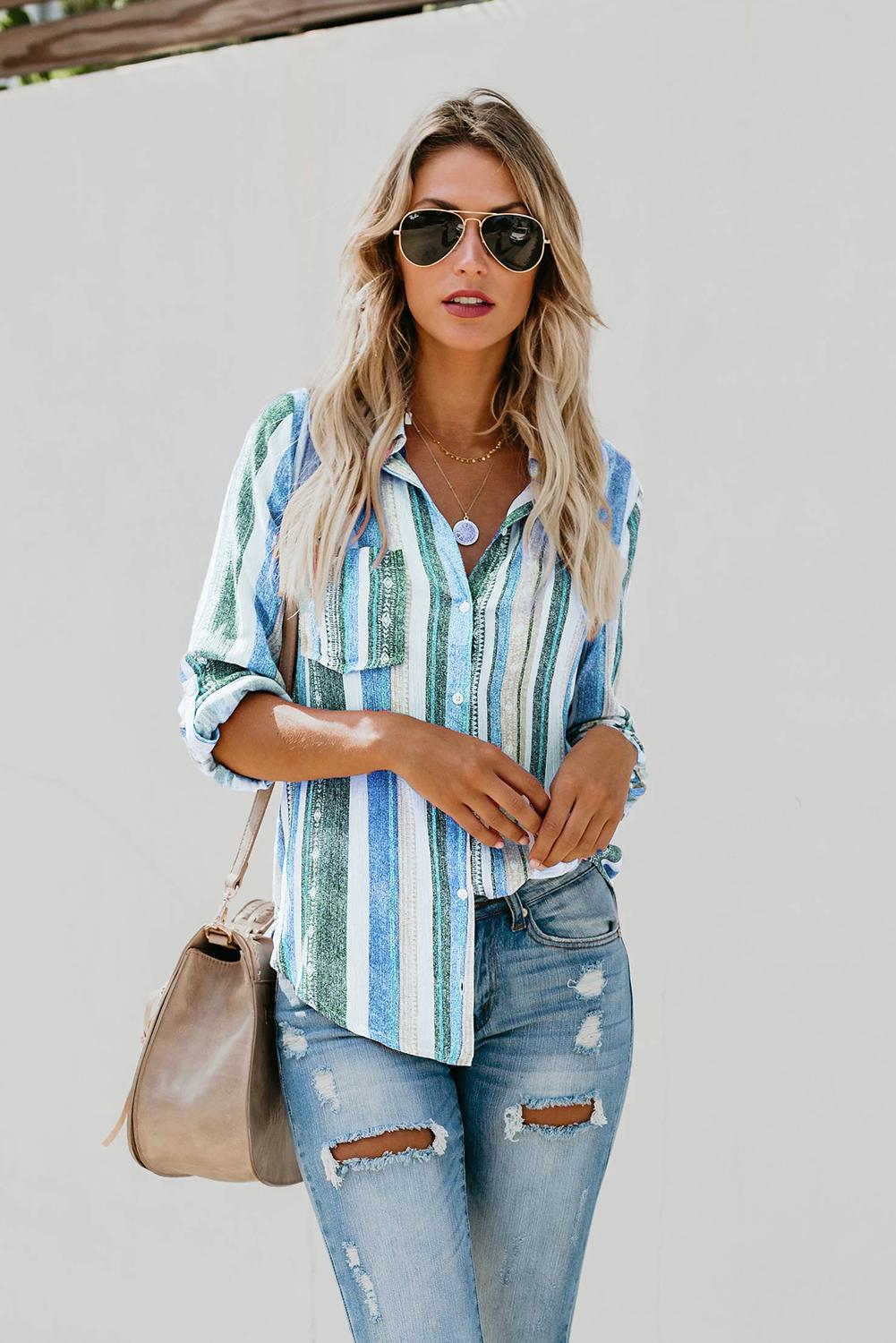 Sky Blue Sweet Enough Striped Button Up Top