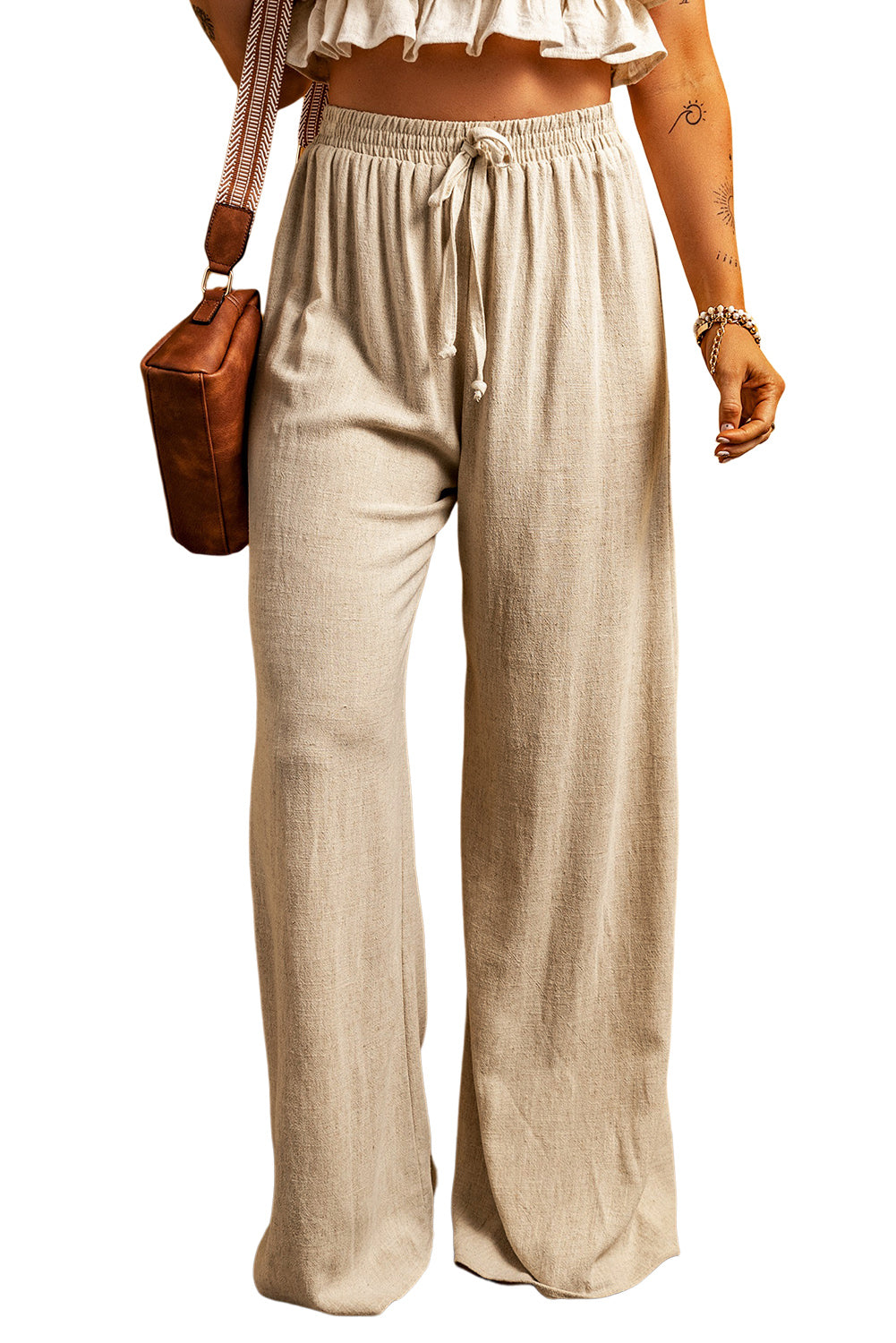 Apricot Lace-up Waist Floor Length Wide Leg Casual Pants