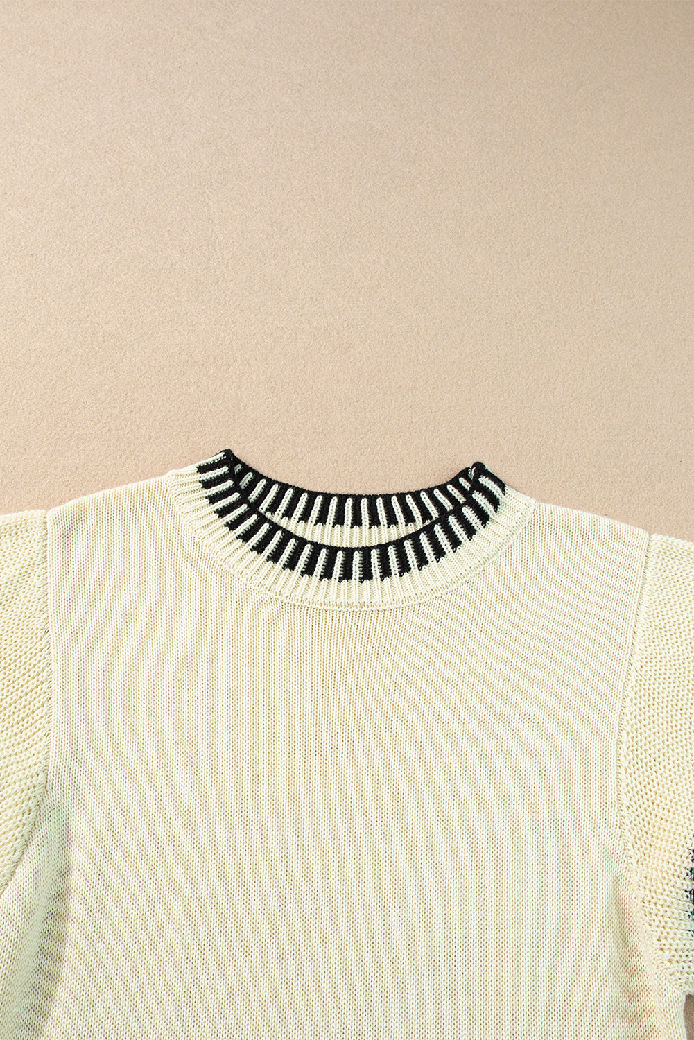 Beige Contrast Trim Round Neck Batwing Sleeve Knitted Top