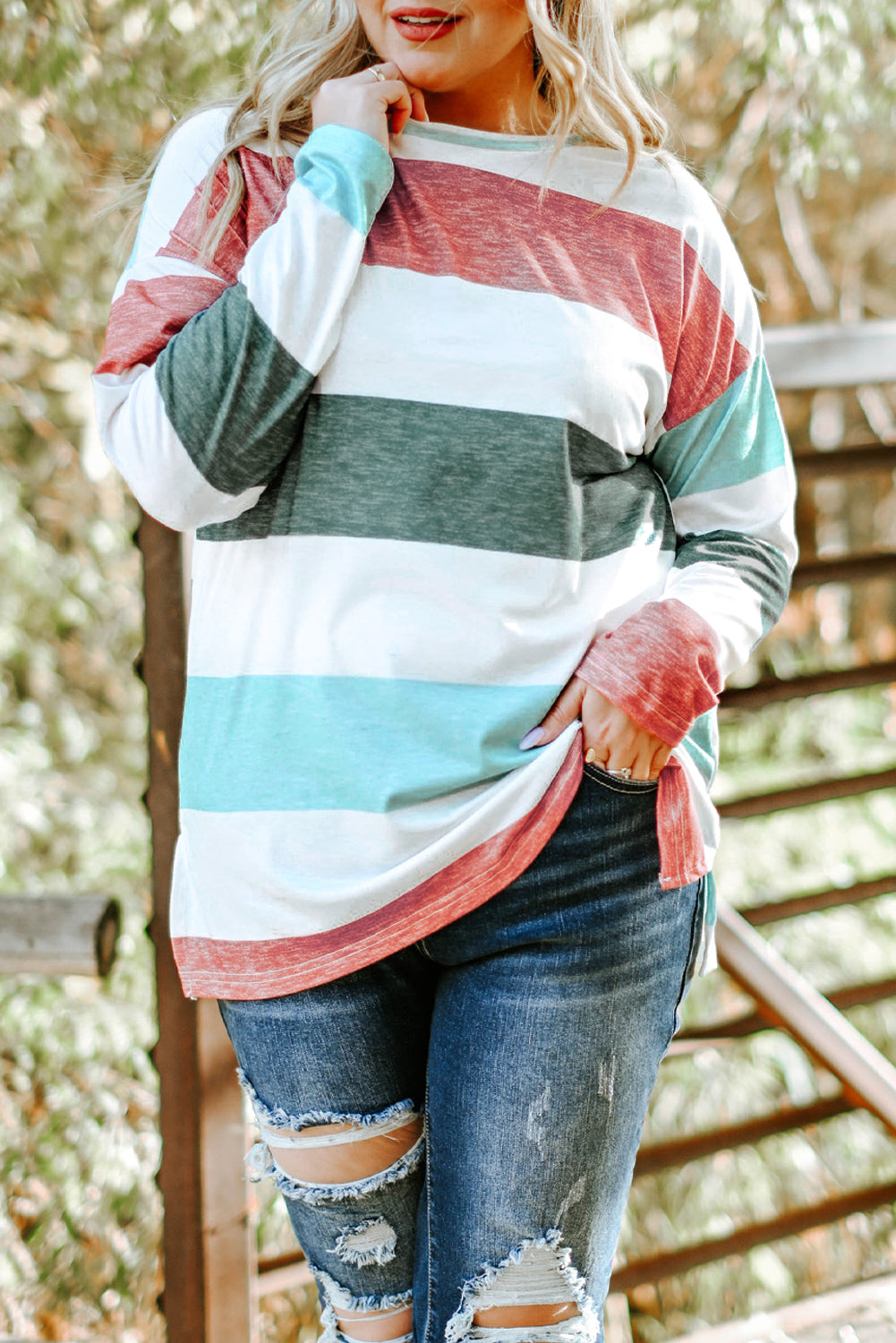 Pink Stripe Plus Size Colorblock Pullover Top