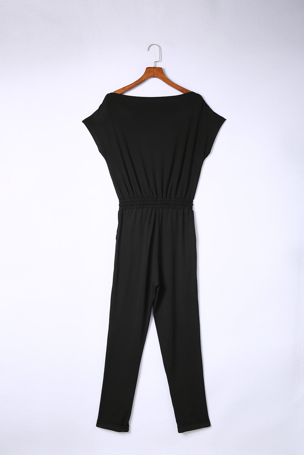 Black Tie Waist Short Sleeve Tapered Jumpsuit