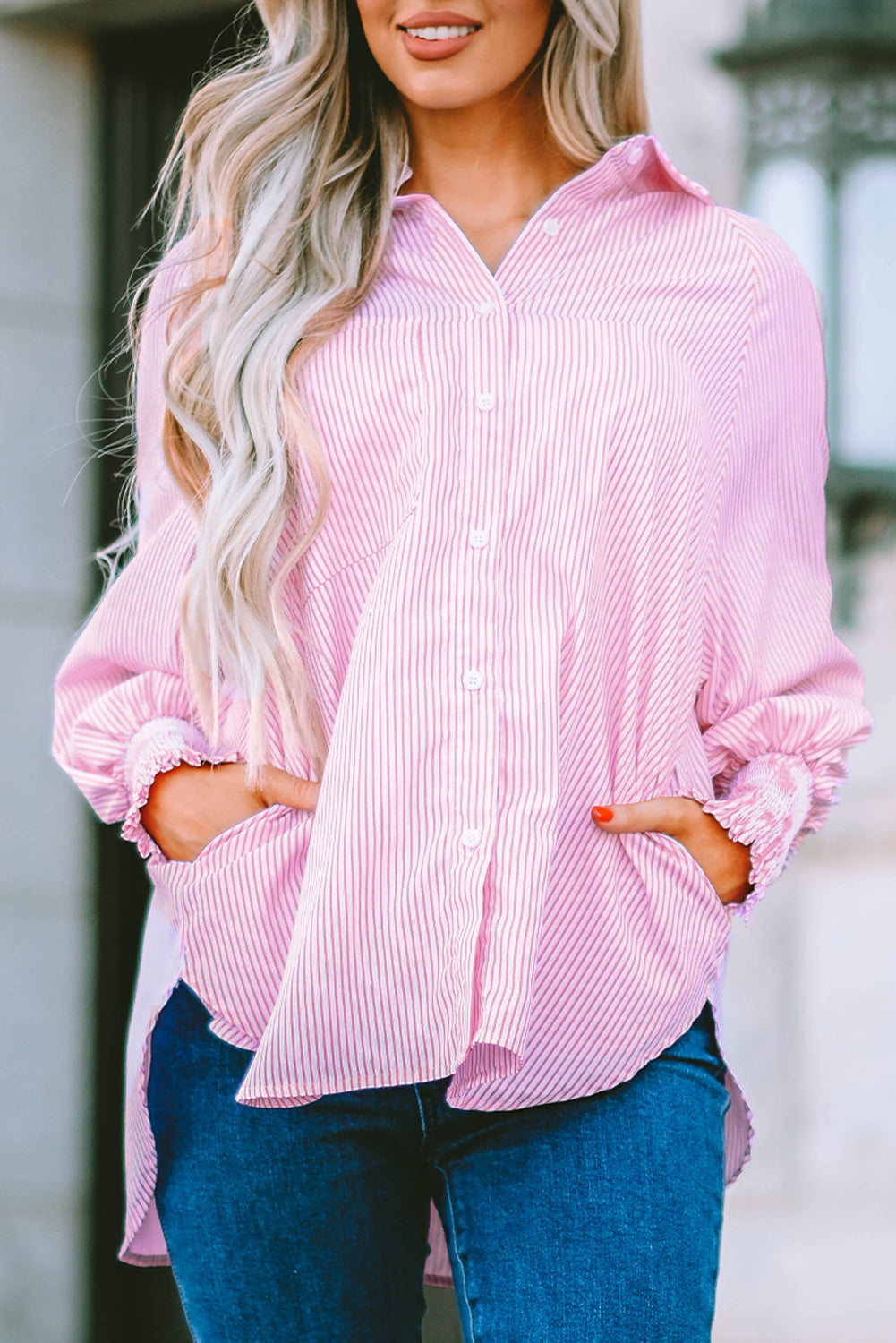 Sky Blue Smocked Cuffed Striped Boyfriend Shirt with Pocket