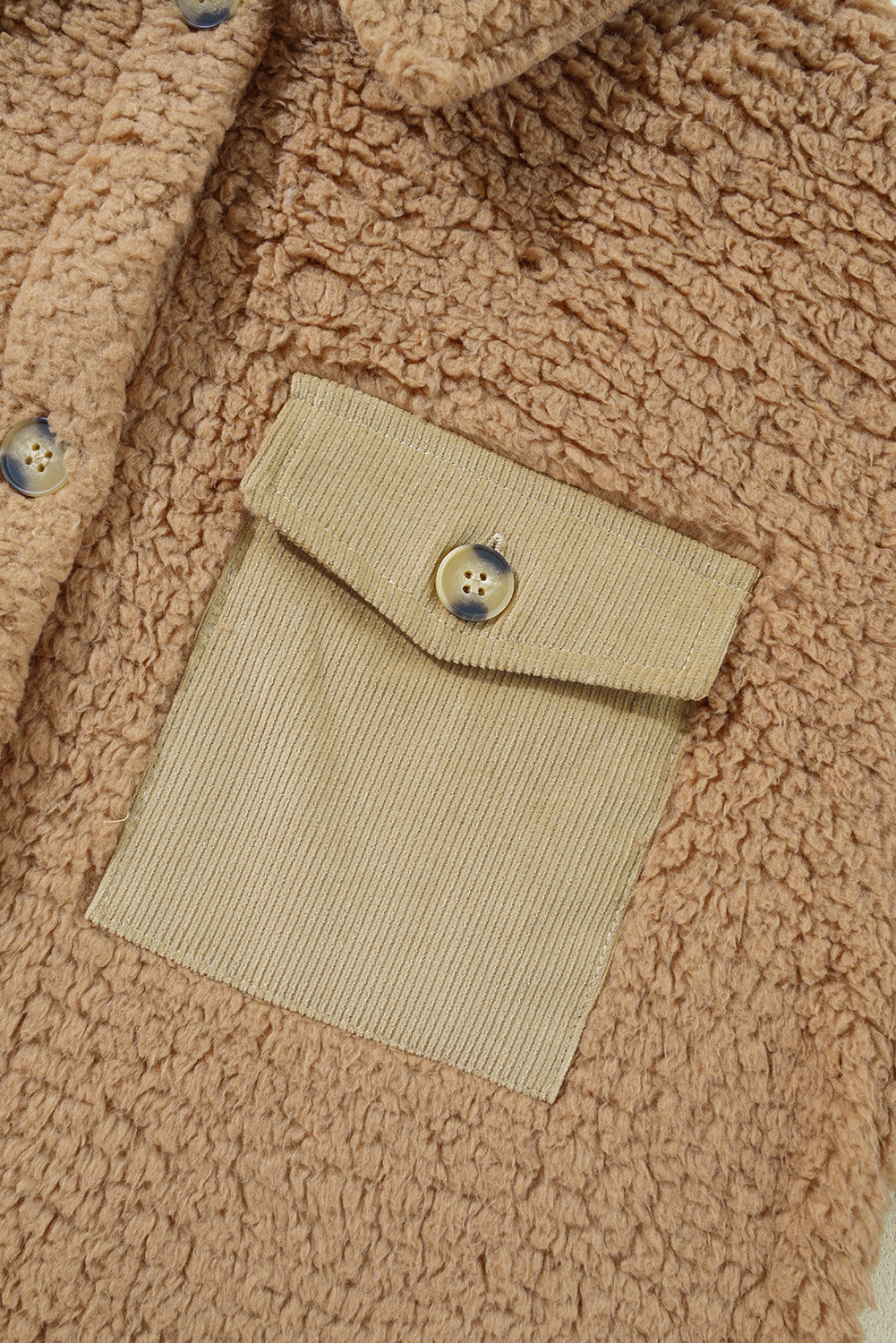 Beige Contrast Flap Pocket Single Breasted Teddy Coat