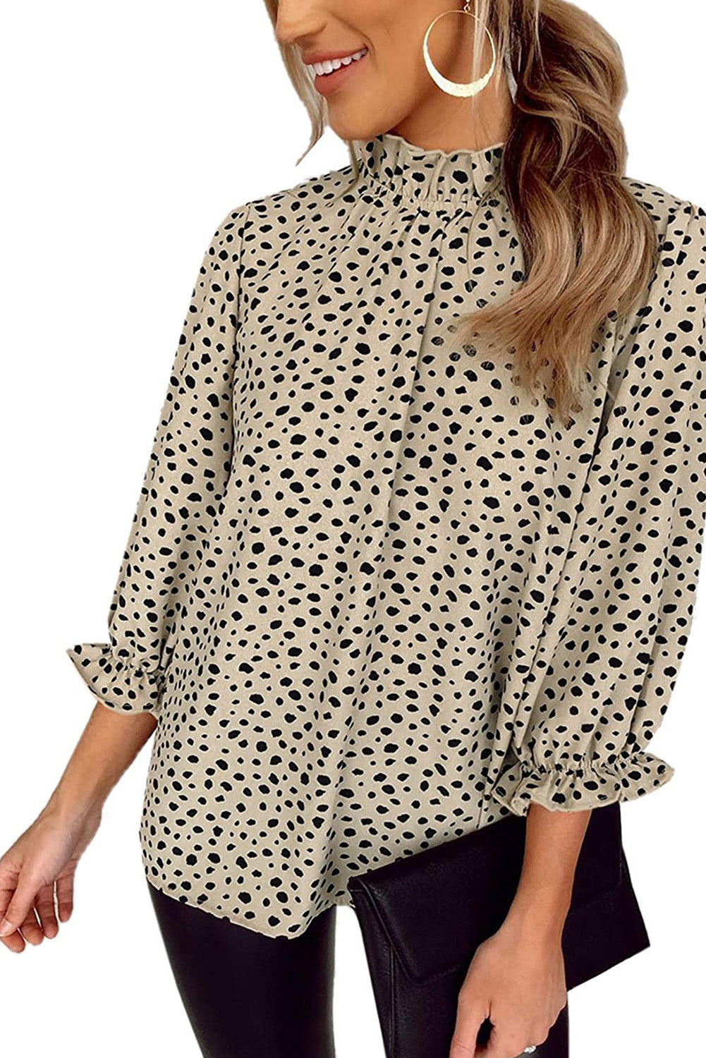 Brown Frilled Neck 3/4 Sleeves Cheetah Blouse