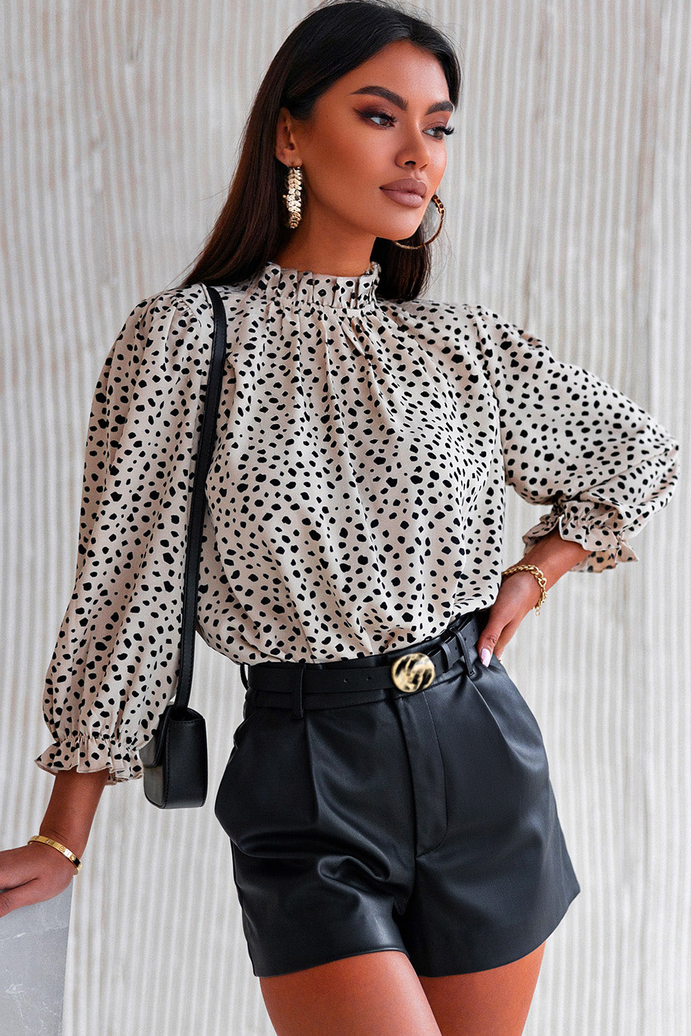 Brown Frilled Neck 3/4 Sleeves Cheetah Blouse