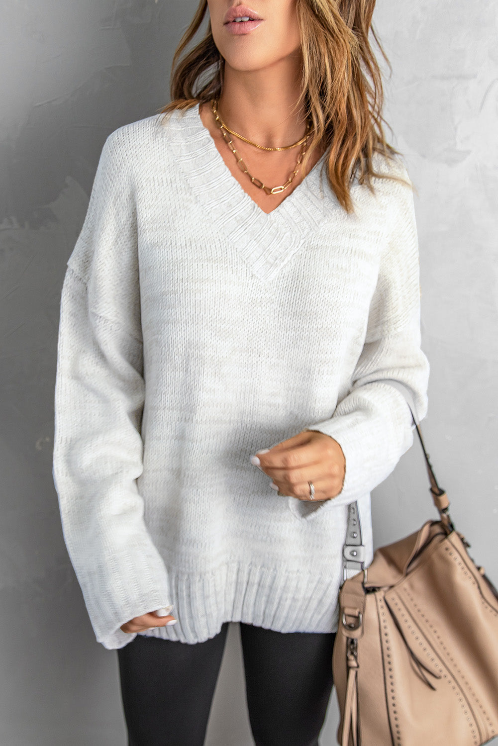 Gray V neck Drop Shoulder Knitted Sweater