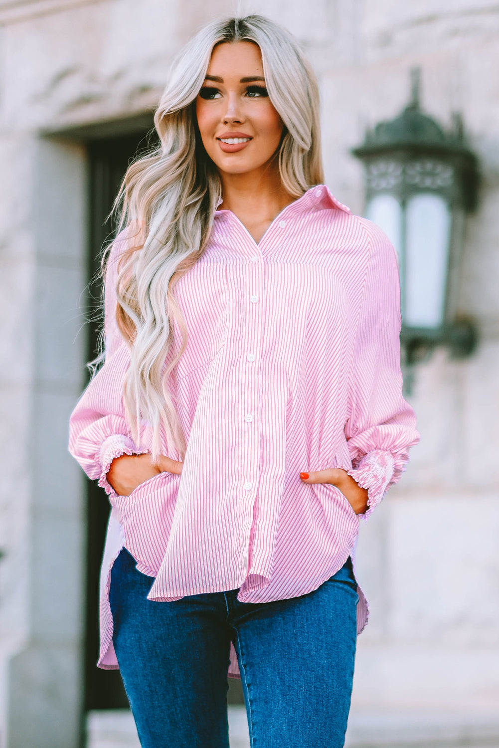 Sky Blue Smocked Cuffed Striped Boyfriend Shirt with Pocket