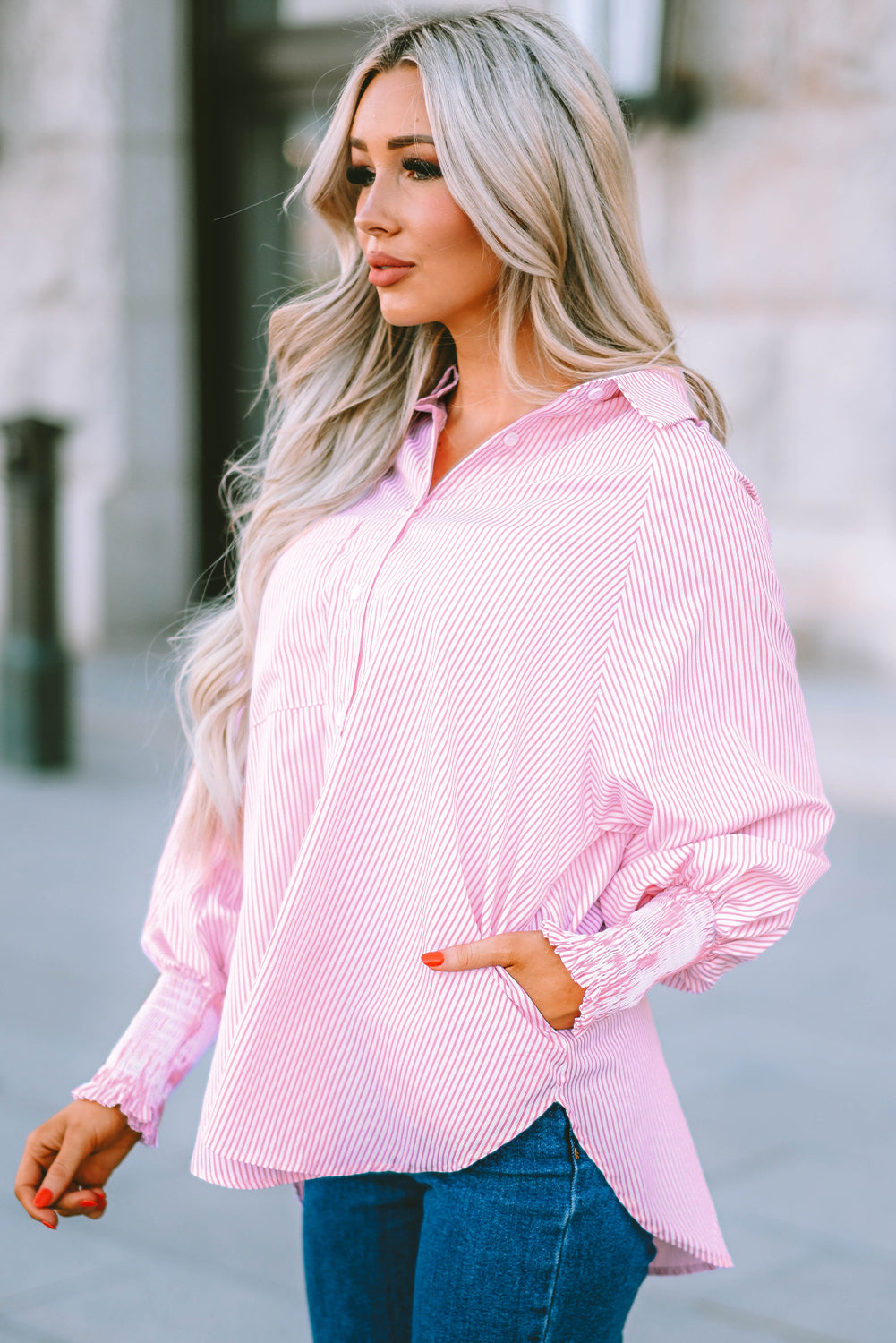 Sky Blue Smocked Cuffed Striped Boyfriend Shirt with Pocket