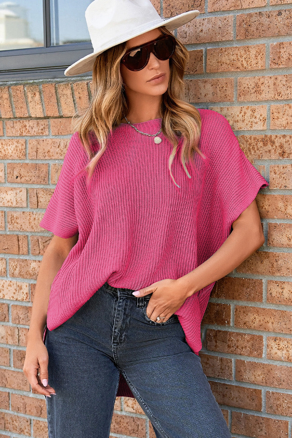 Apricot Short Sleeve Side Slit Oversized Sweater